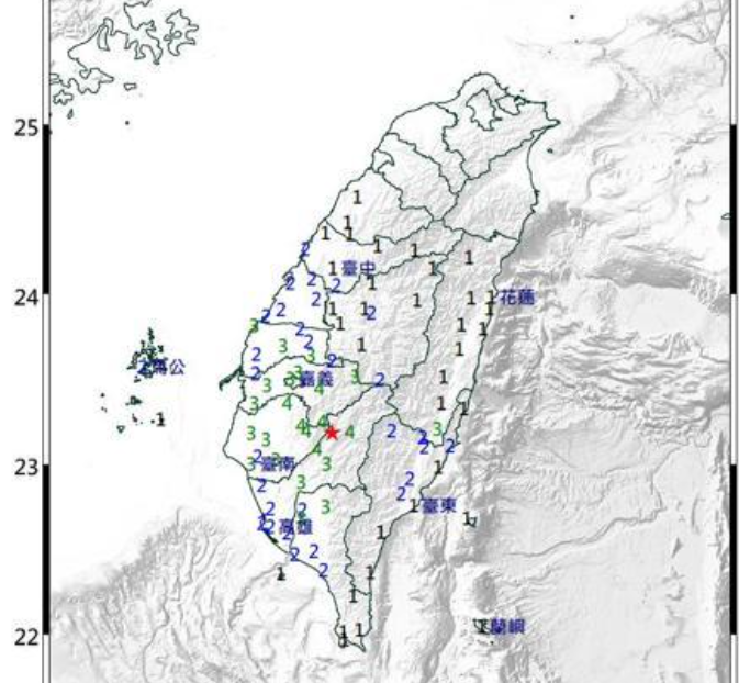 台灣高雄市甲仙區發生5.3級地震，深度7.8公里，屬於極淺層地震