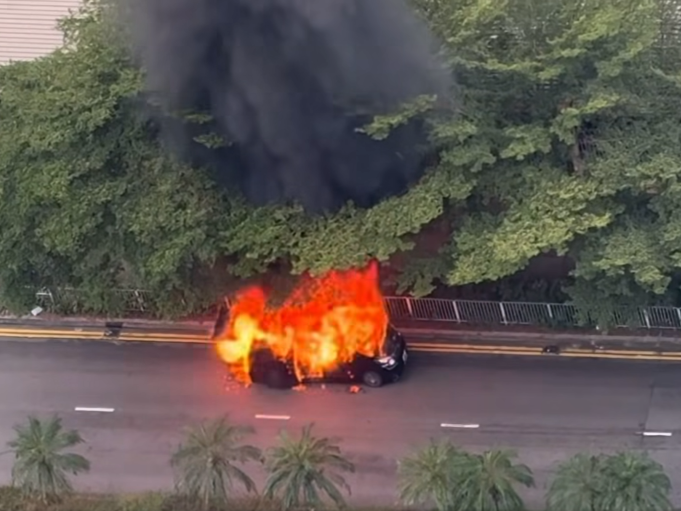 天水圍七人車陷火海傳爆炸聲，消防到場撲救。( 車cam L（香港群組）截圖)