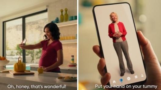 宣傳影片中，孕婦摸著肚子與手機App的亡母AI分身對話。(互聯網)