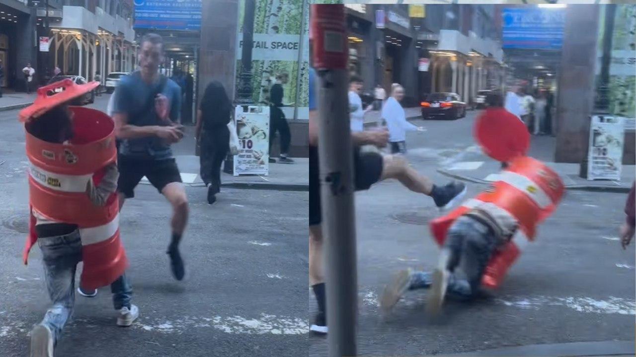 紐約男扮「交通雪糕筒」嚇路人遭一腳踢低　網民讚︰踢得好（有片）