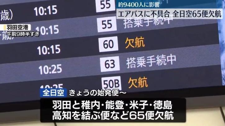 日本全日空因A320客機需實施檢修，宣布取消65班航班。（圖／NNN）