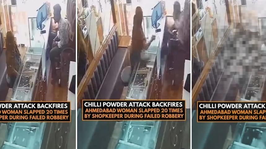 左至右：女子假扮顧客入珠寶店，突然起身向店主撒辣椒粉，店主反應快，對女子瘋狂掌摑。(互聯網)