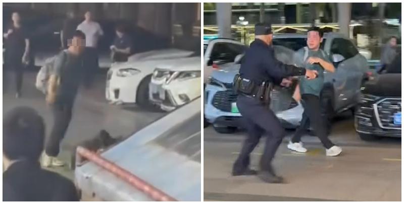 一名男子在珠海拱北口岸附近區域持刀傷人，其後試圖逃跑被多名口岸人員持盾牌制服。(影片截圖)