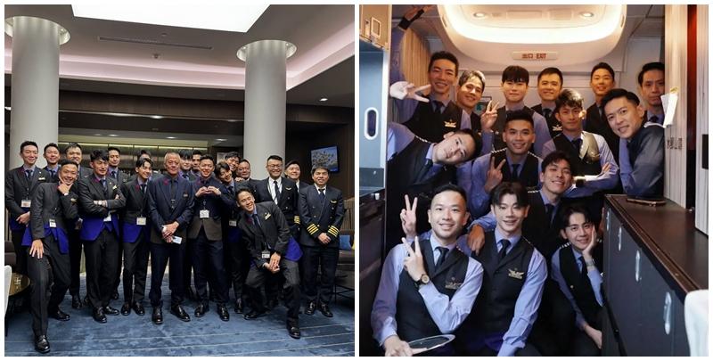 台灣的中華航空首次出現「全空少航班」，15位男性空服員一字排開合照更引發網民熱議。(網上圖片)