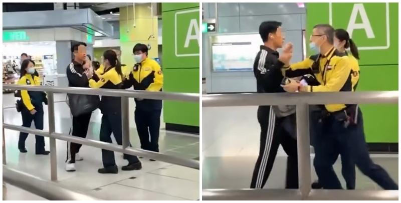 港鐵南昌站大堂有4名港鐵職員阻攔一名男子離開，期間有職員阻擋其去路及用手推開男子，大叫：「我哋𠵱家要報警，停低！」、「冷靜啲！」，男子未有理會繼續前行避開欲離去，職員繼續跟隨。(影片截圖)