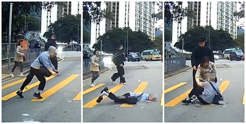 一名婆婆過馬路疑因綠燈正在「閃燈」，情急下失平衡在路中心向前仆倒，連鞋也甩脫，附近一對男女見狀即上前協助扶起 (facebook群組「車cam L（香港群組）」)