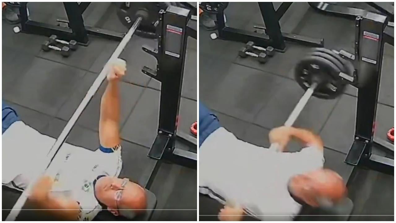 中年漢臥推跣手槓鈴砸胸，起身行兩步突暈倒喪命。(X)