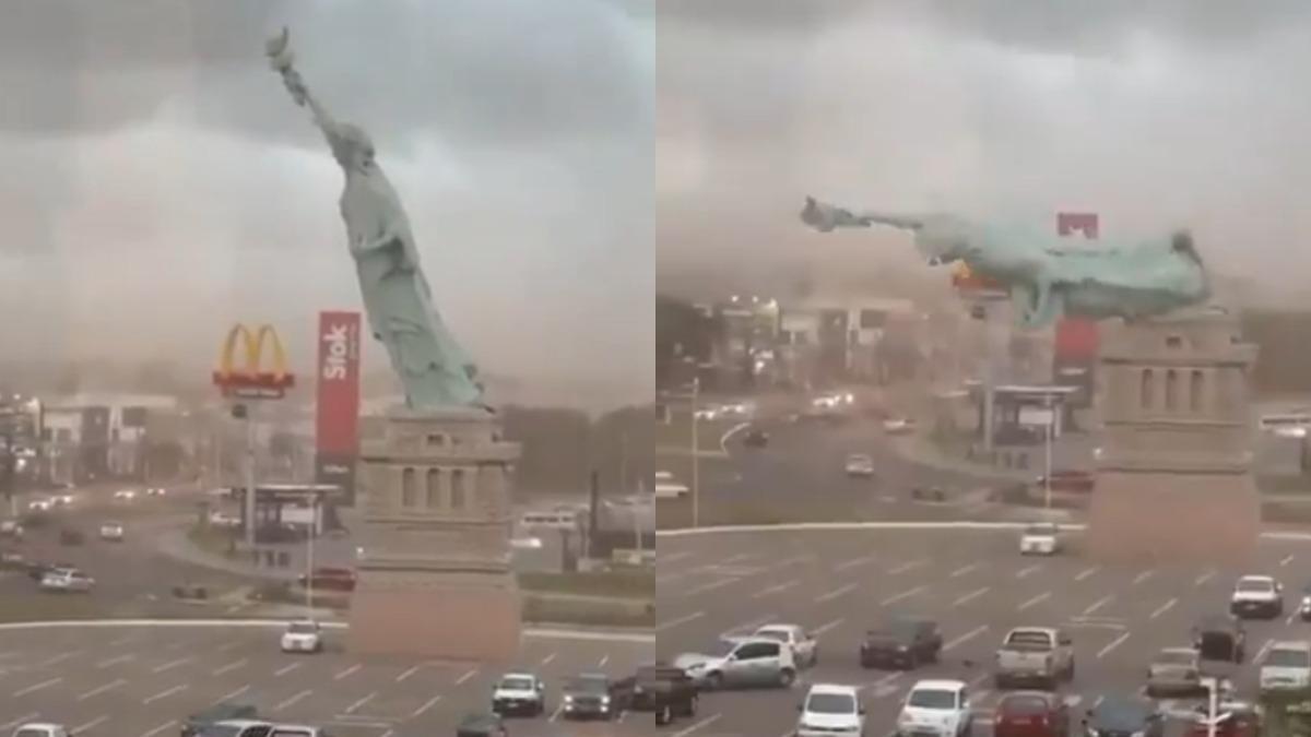大風吹倒巴西35米高自由神像 差點壓中汽車(有片)