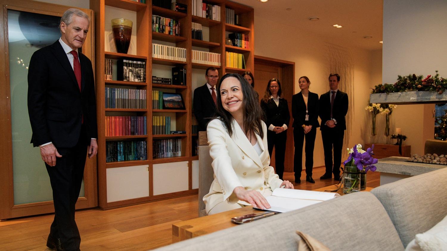 馬查多與挪威總理斯特勒會面。(路透社)