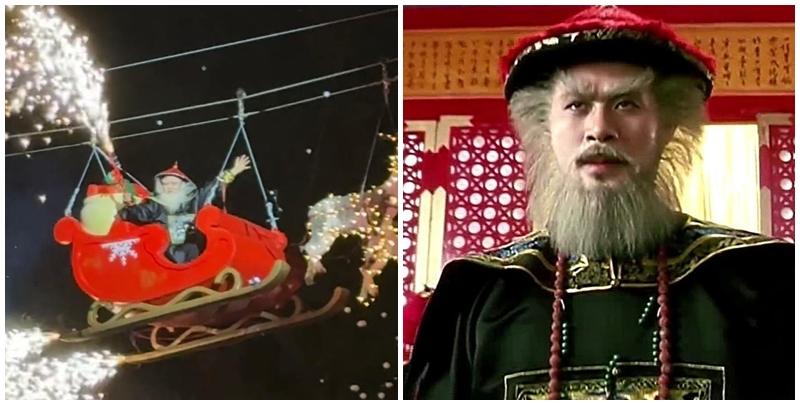 廣東赤坎古鎮僑鄉國際旅遊度假區，一名男工作人員扮成周星馳經典搞笑電影《鹿鼎記》，由香港演員徐錦江飾演的「鰲拜」造型，拉著聖誕鹿車在半空登場。(影片截圖)