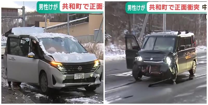 一名46歲香港男子在北海道自駕遊時，疑路面結冰跣軩，越線與一輛小型客車迎面相撞，致對方日本男司機重傷，胸骨及手部骨折，港男涉過失駕駛致他人受傷被捕。(影片截圖)