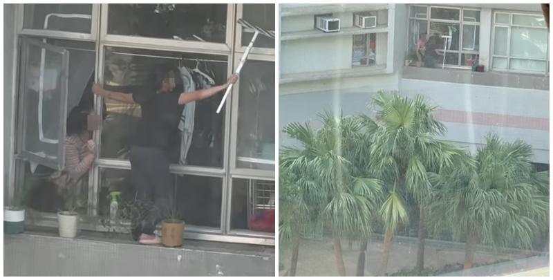 海怡半島一名外傭站出窗外花槽抹窗。(facebook群組「海怡半島討論區」影片)