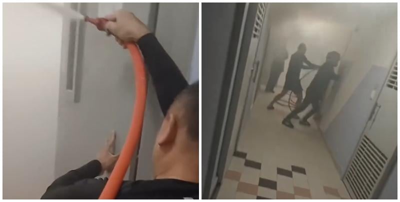 大埔一名外賣員於富蝶邨送餐時遇上火警，期間響起火警鐘聲，他在消防員抵達前與街坊合力拉消防喉救火(facebook群組「香港啤酒關注組」)