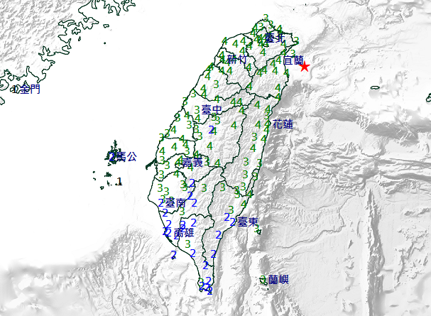 台灣宜蘭對開海域周六(27日)晚上11點發生7級地震，震源深度72.8公里