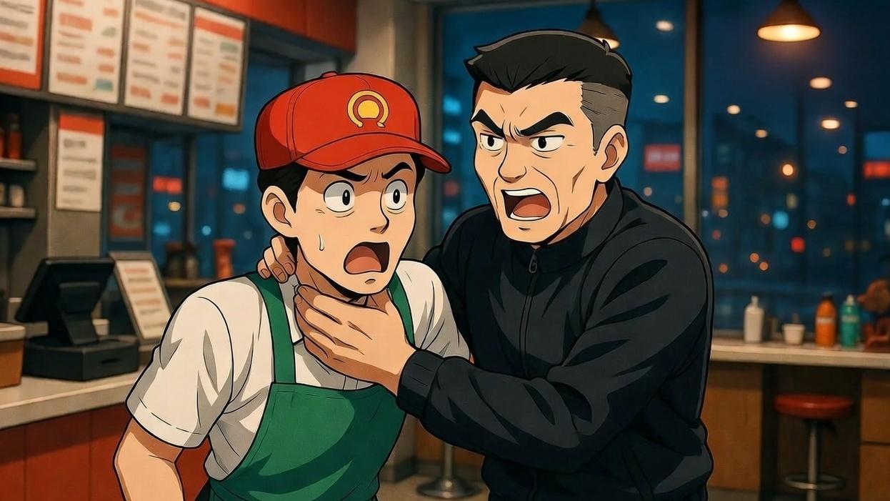 一名中國籍男子在札幌一間快餐店內爭執，並勒店員的頸。(AI製圖)