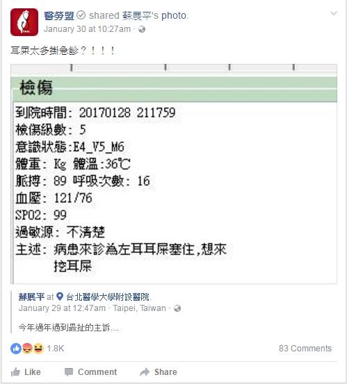 台「病人」大年初一排急症挖耳屎