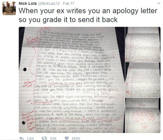 小氣男終極報復 狠批ex道歉信字醜兼長氣