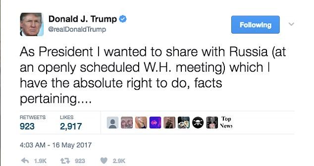 特朗普Twitter認向俄披露情報