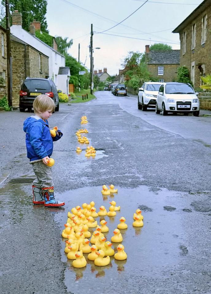 居民大讚有創意 100隻洗澡黃鴨鋪滿馬路水窪 
