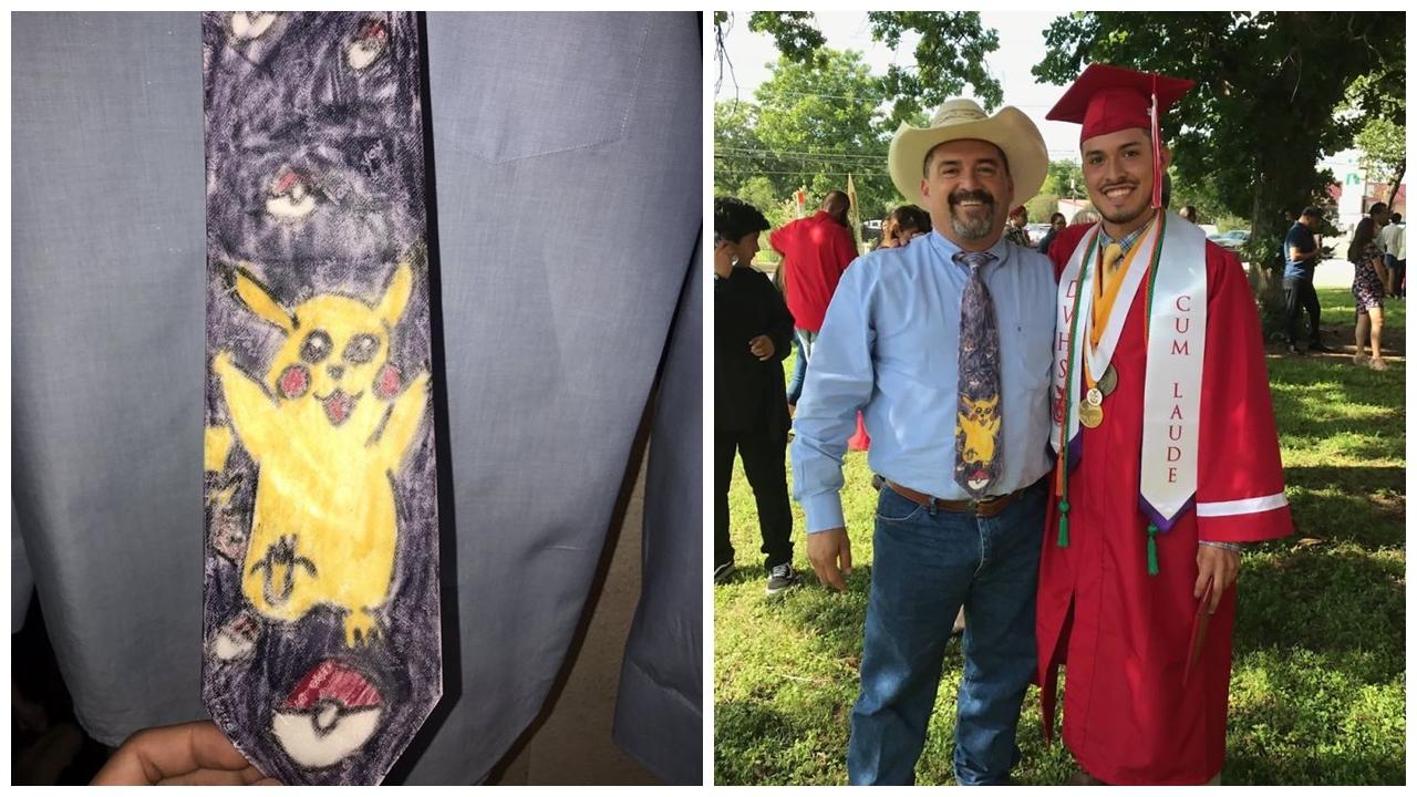 父親戴兒子11年前手繪比卡超領呔 出席高中畢業禮