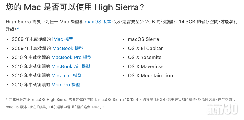 查詢機種是否支援macOS High Sierra