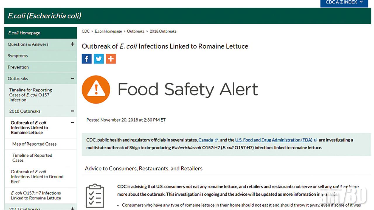 爆50宗大腸桿菌病例 19人送院  美籲停食羅馬生菜