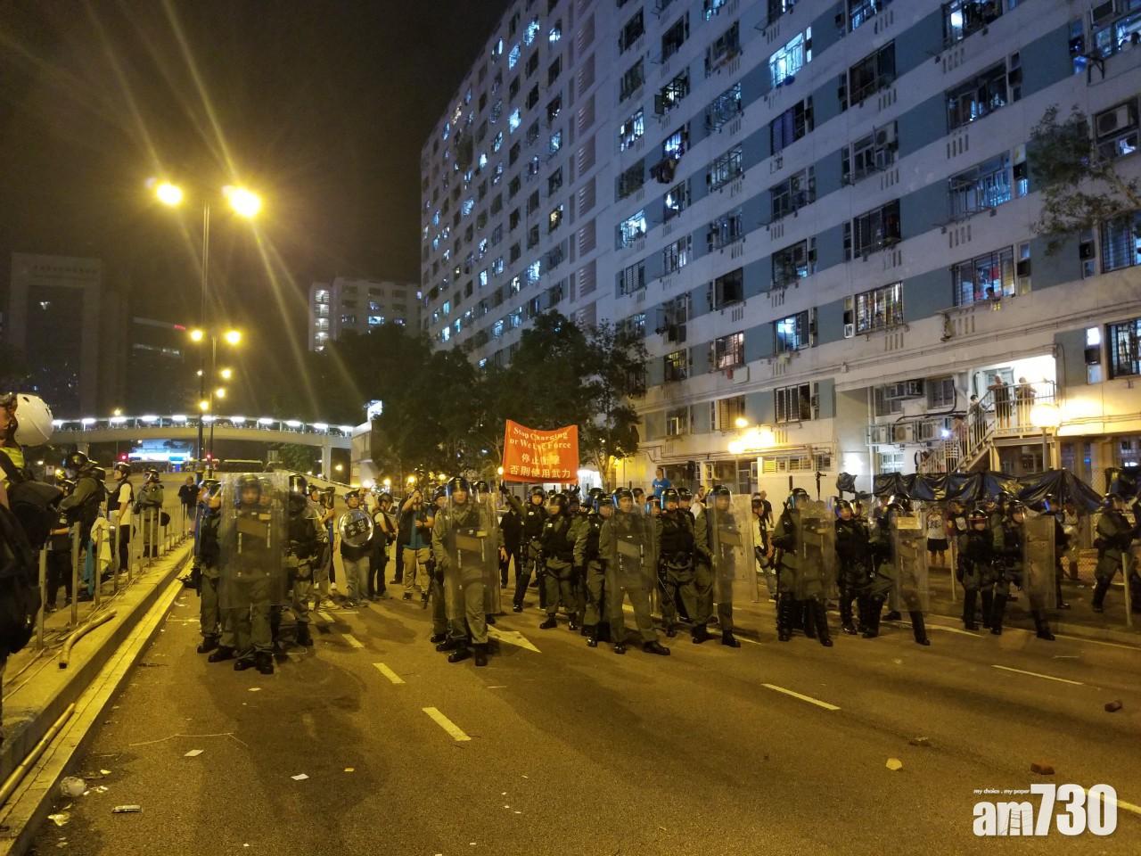 【反修例遊行】穿上特別裝備防暴警員在沙燕橋拆示威者路障