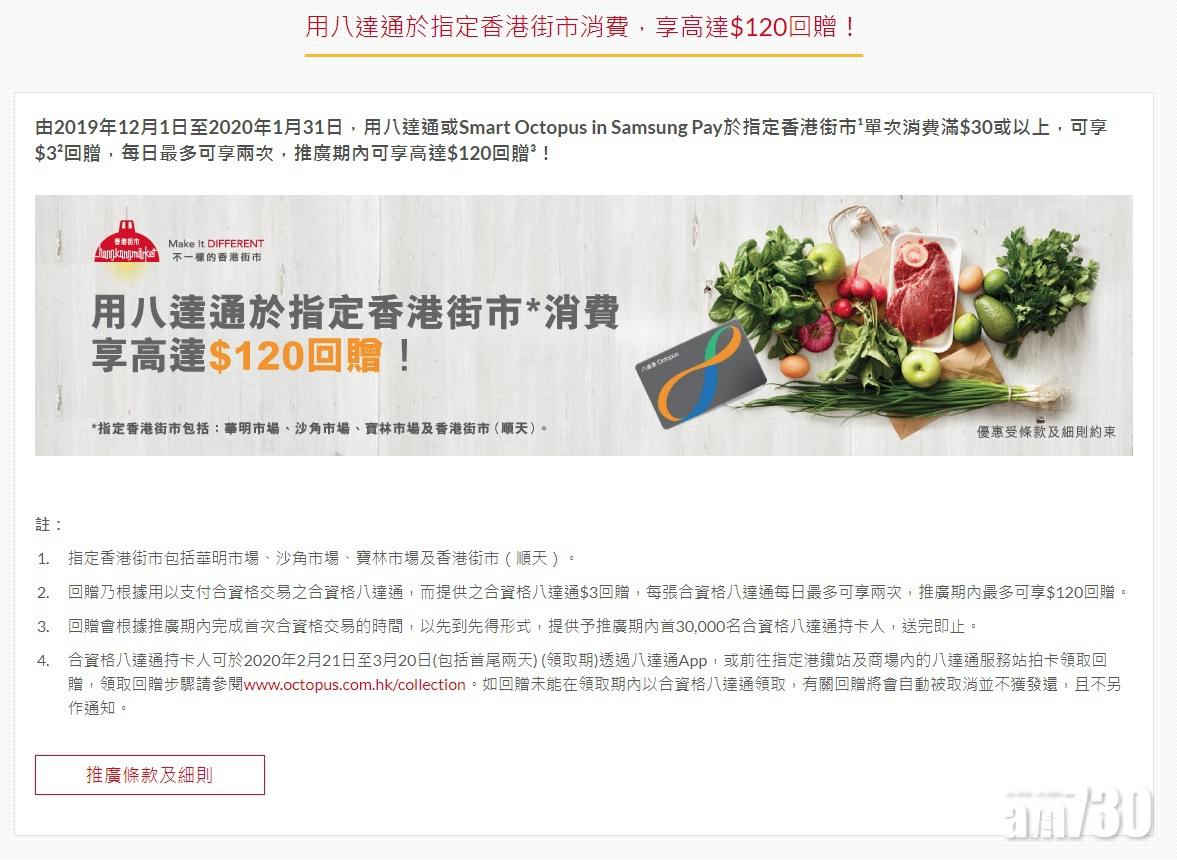 【精明消費】用八達通喺指定街市買滿30蚊 即享3蚊回贈