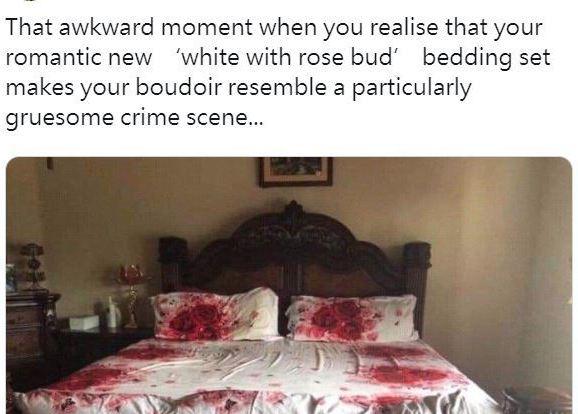 浪漫玫瑰床單變血案現場？英男推文變熱話