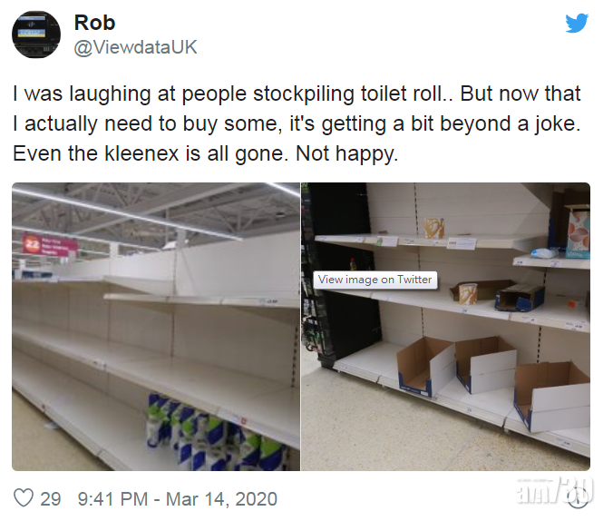 【新冠肺炎】英超市齊發公開信 籲民眾勿再「盲搶」 