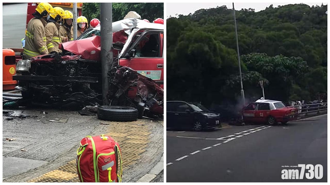 沙田的士剷上行人路撞燈柱 司機一度被困