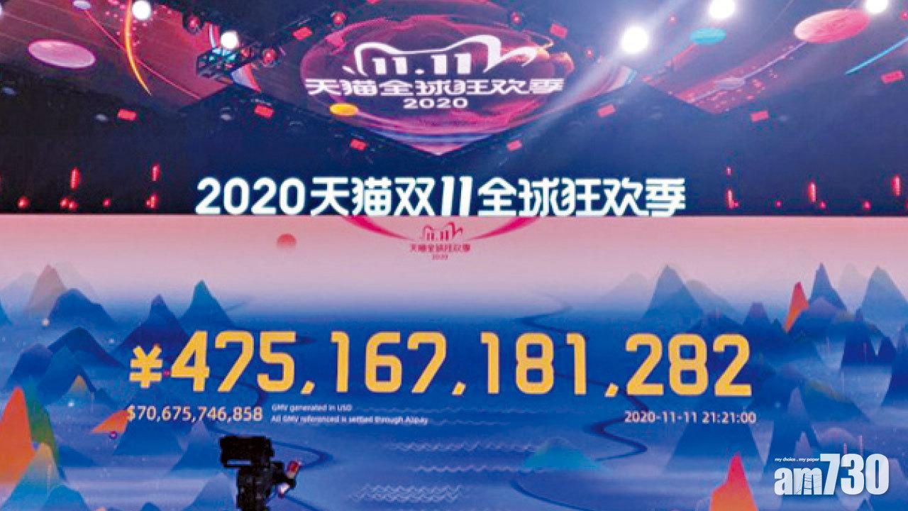 促進消費 每秒58.3萬宗訂單 天貓雙11成交破4750億