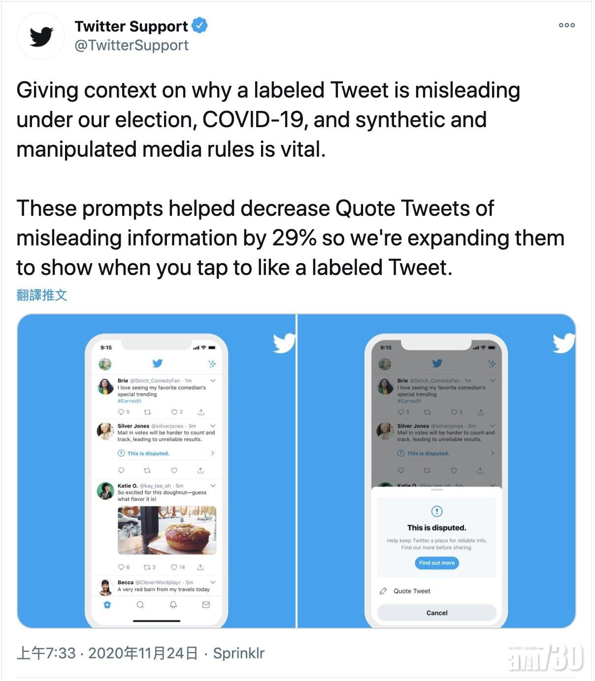 Twitter對讚好有爭議推文也加插提示信息