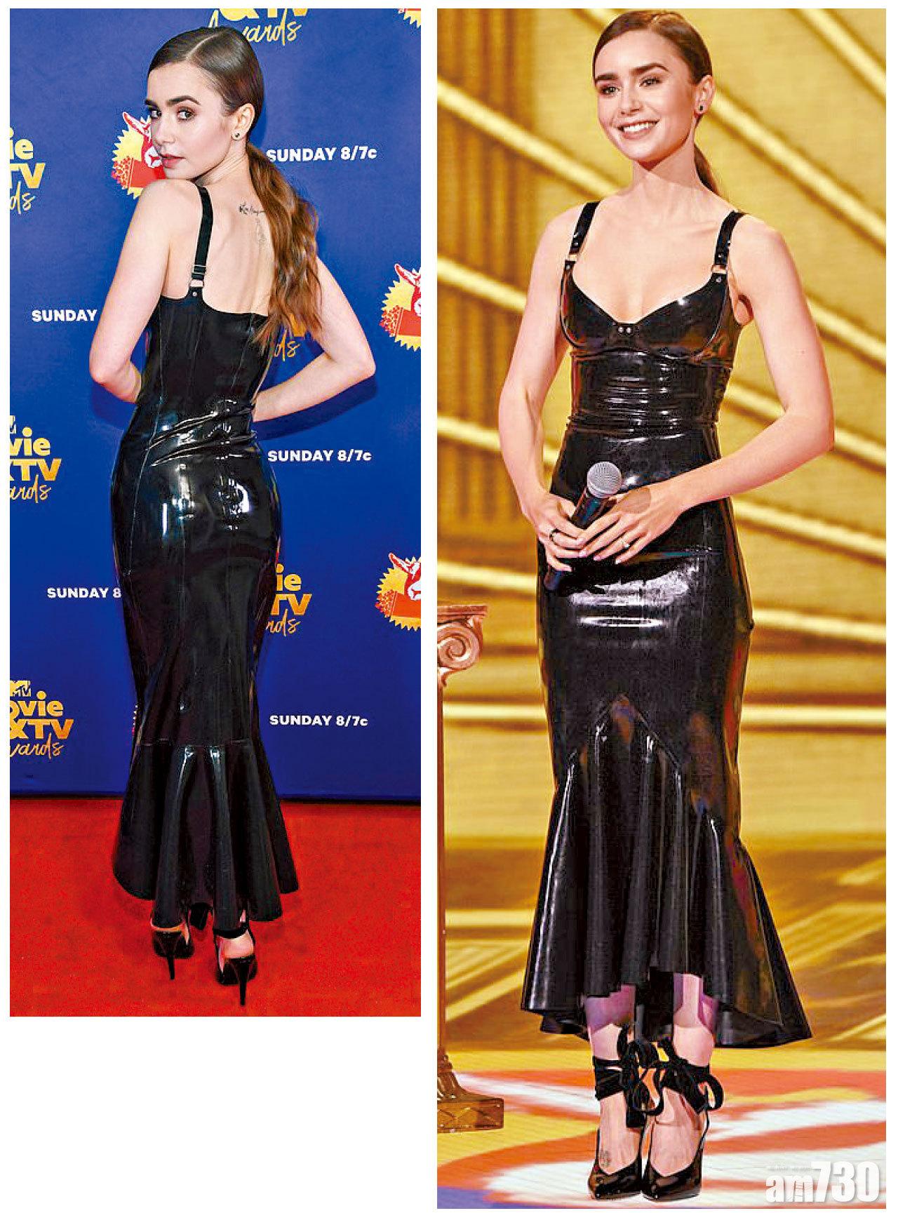 Lily Collins駕馭反光貼身裙無難度