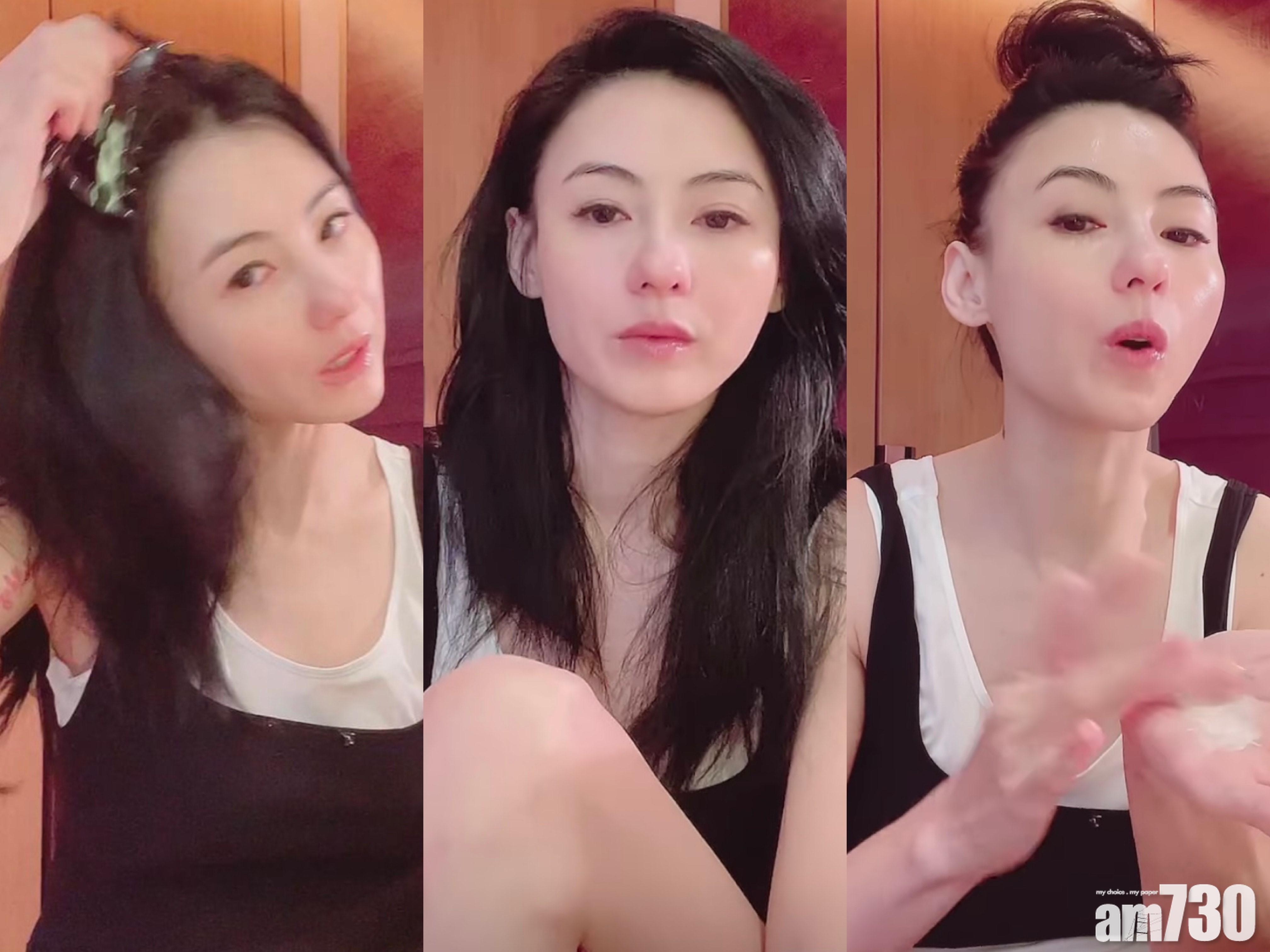 拍片教化妝| 素顏張柏芝表演用髮夾梳頭 又舉高腳搽精華