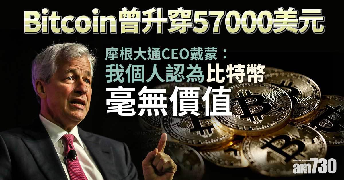 Bitcoin曾升穿57000美元　摩根大通CEO：一文不值