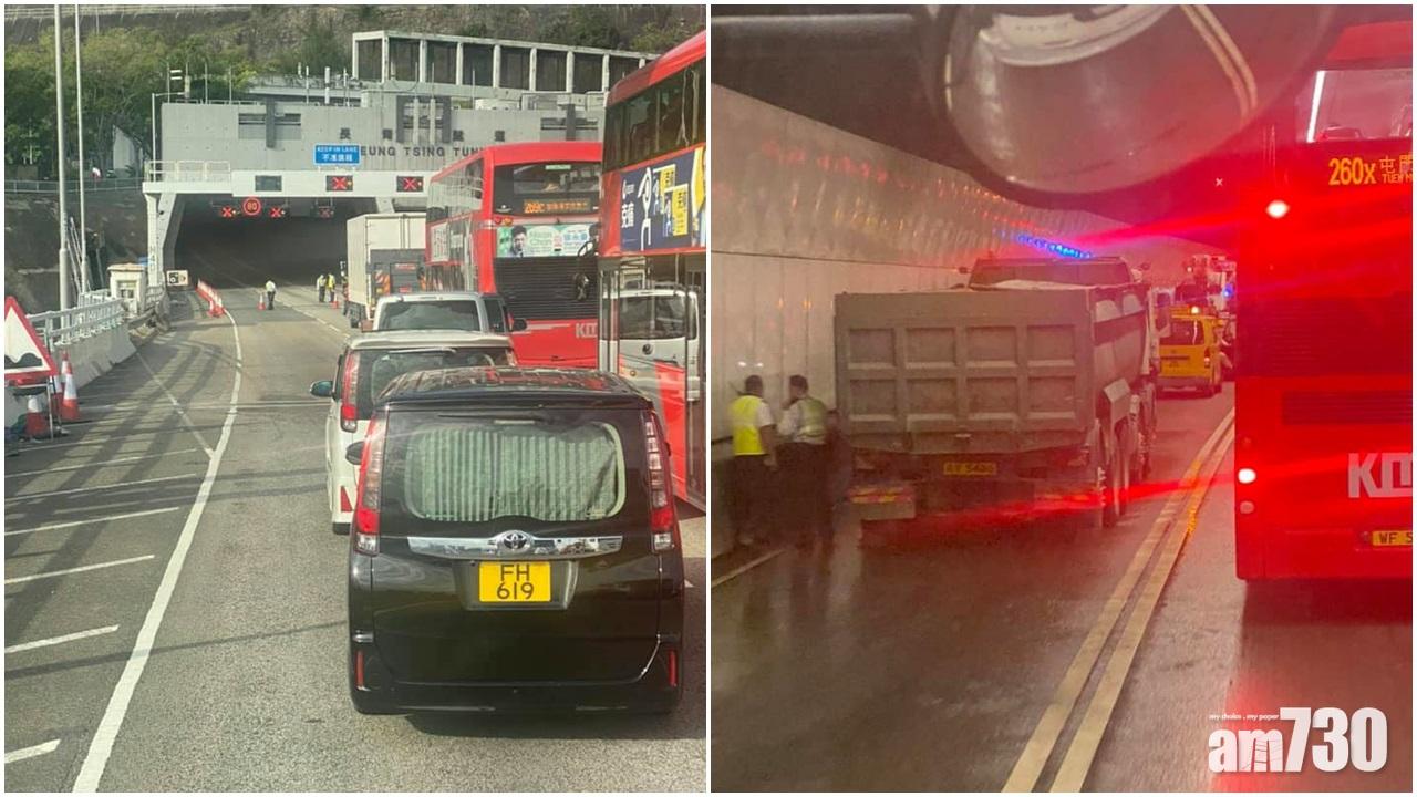 更新｜長青隧道管道內泥頭車起火冒煙　往機場方向慢線重開