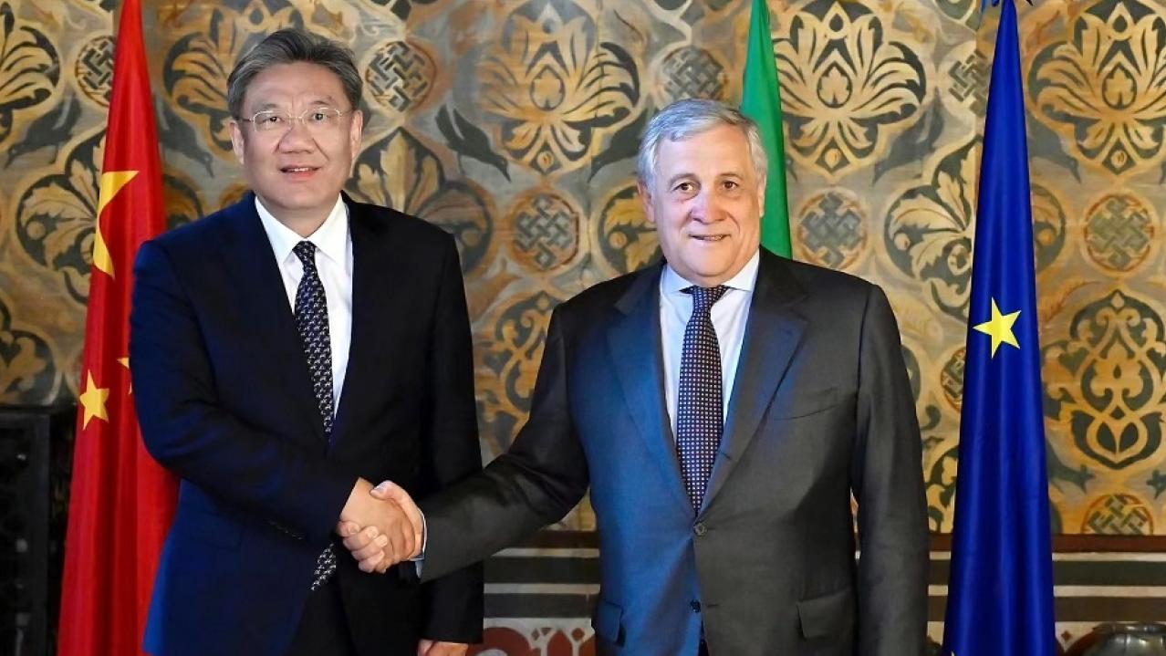 王文濤在意大利維羅納，與塔亞尼共同主持中意經濟合作混委會會議。（商務部網站圖片）