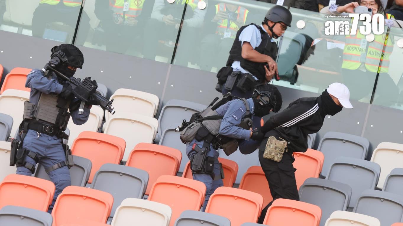 啟德體育園跨部門反恐演習，多個政府部門參與。(吳康琦攝)