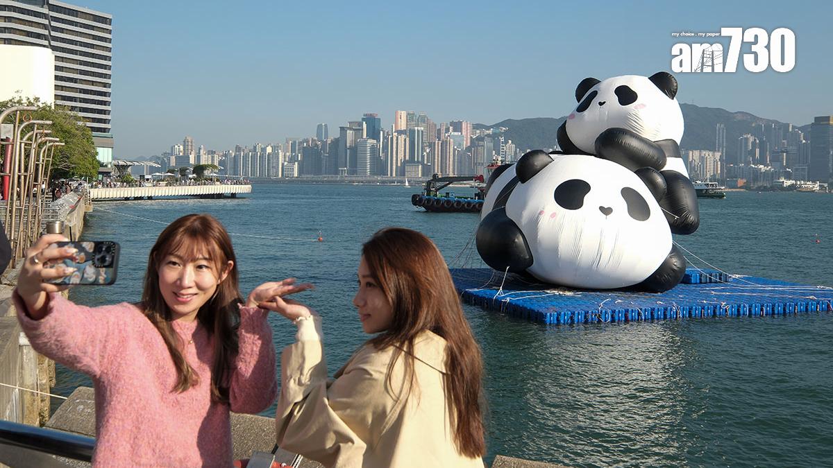 嘉年華在對開海面展出10米高的水上巨型大熊貓吹氣藝術裝置。(中新社)