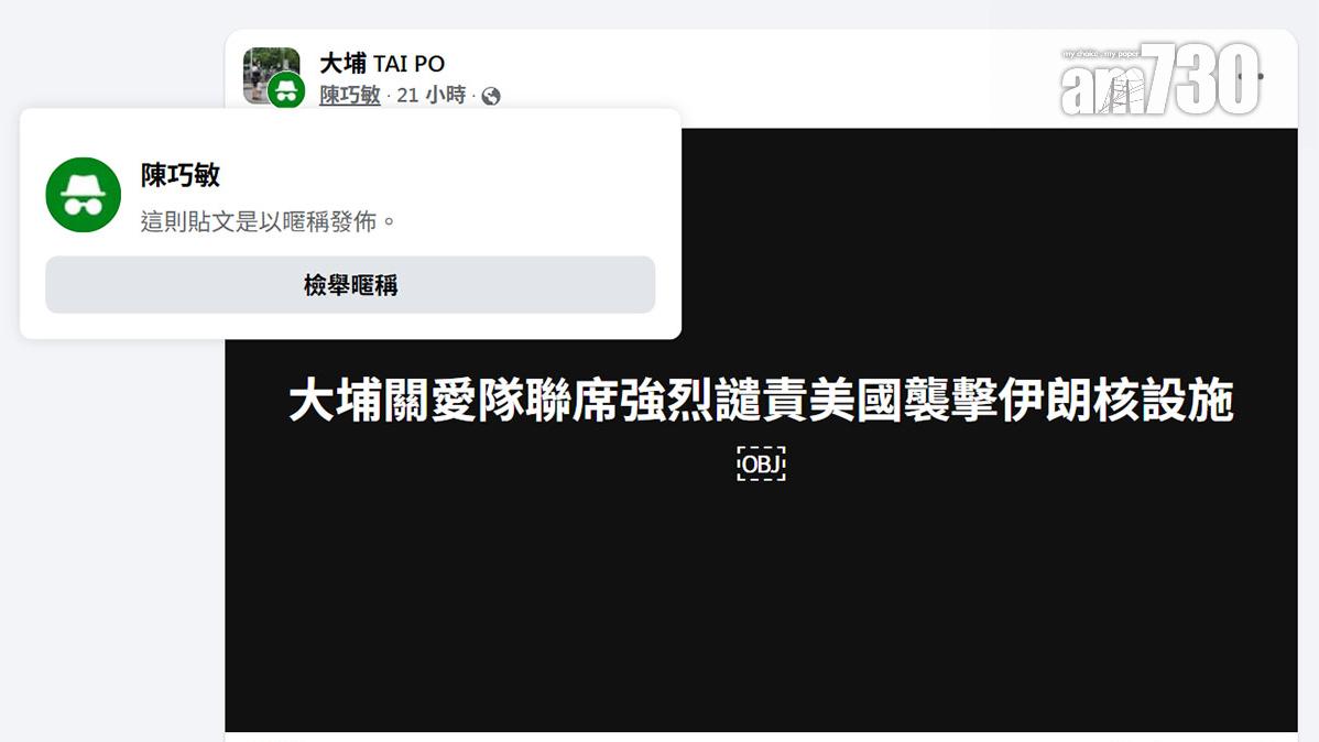 網上有人以「陳巧敏」匿名以「大埔關愛隊聯席」名義發表譴責聲明。(FB群組「大埔 TAI PO」截圖)